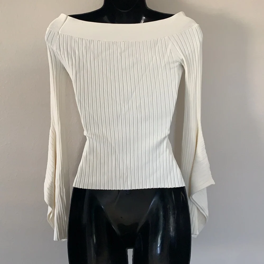 BCBG MaxAzria Gardenia Cream Stevie Ribbed Off The Shoulder Bell Sleeve Sweater - Picture 10 of 13